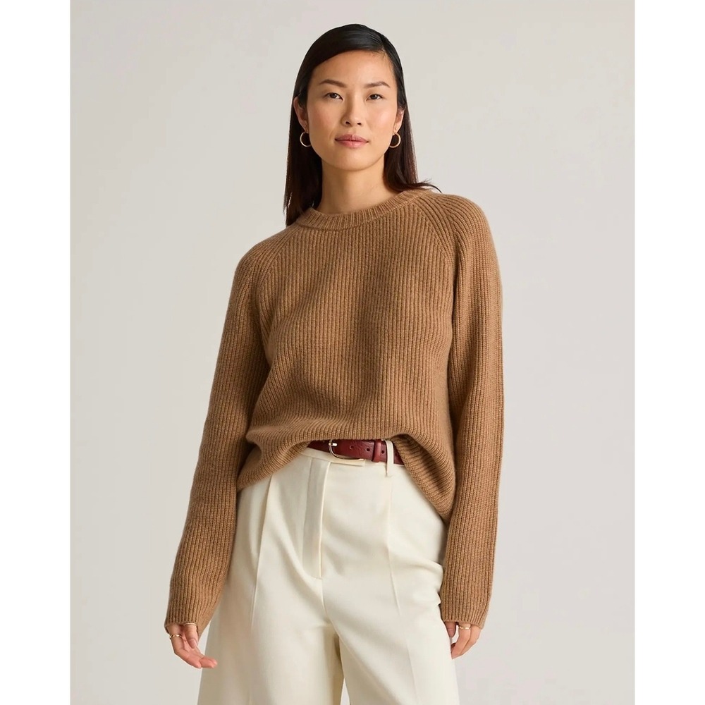 Quince Mongolian Cashmere Fisherman Crewneck Sweater Teak Brown Ribbed Knit M